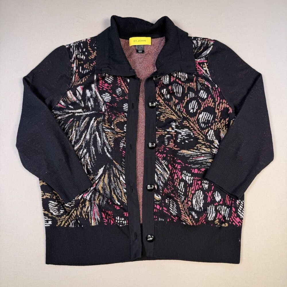 St. John Black Pink Gold Metallic Floral Print Wool Blend Cardigan Sweater Large